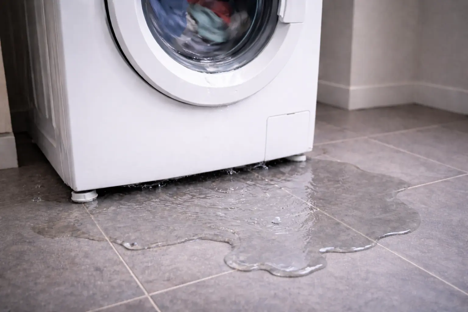 Front-load washing machine leaking water across a tiled laundry floor
