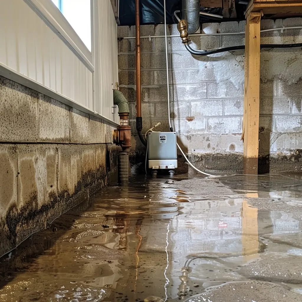 Flooded basement floor with a sump pump clearing standing water near block walls