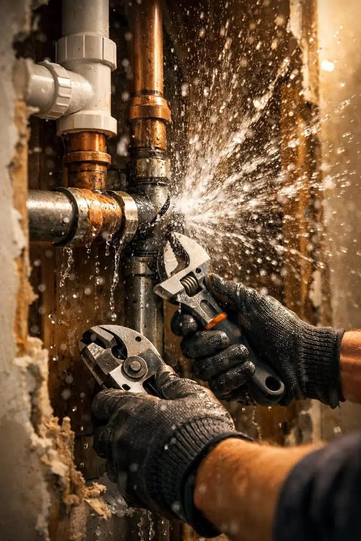 Gloved hands tightening a leaking copper pipe joint with wrenches as water sprays