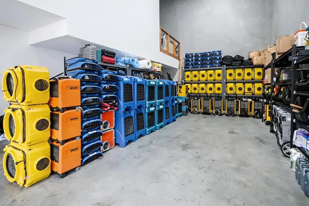 Warehouse staging racks stacked with commercial air movers and dehumidifiers