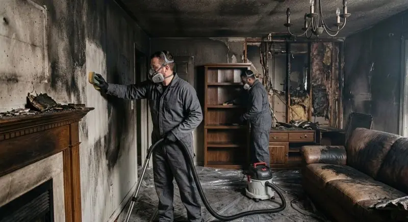 Restoration crew in respirators cleaning soot from fire-damaged walls