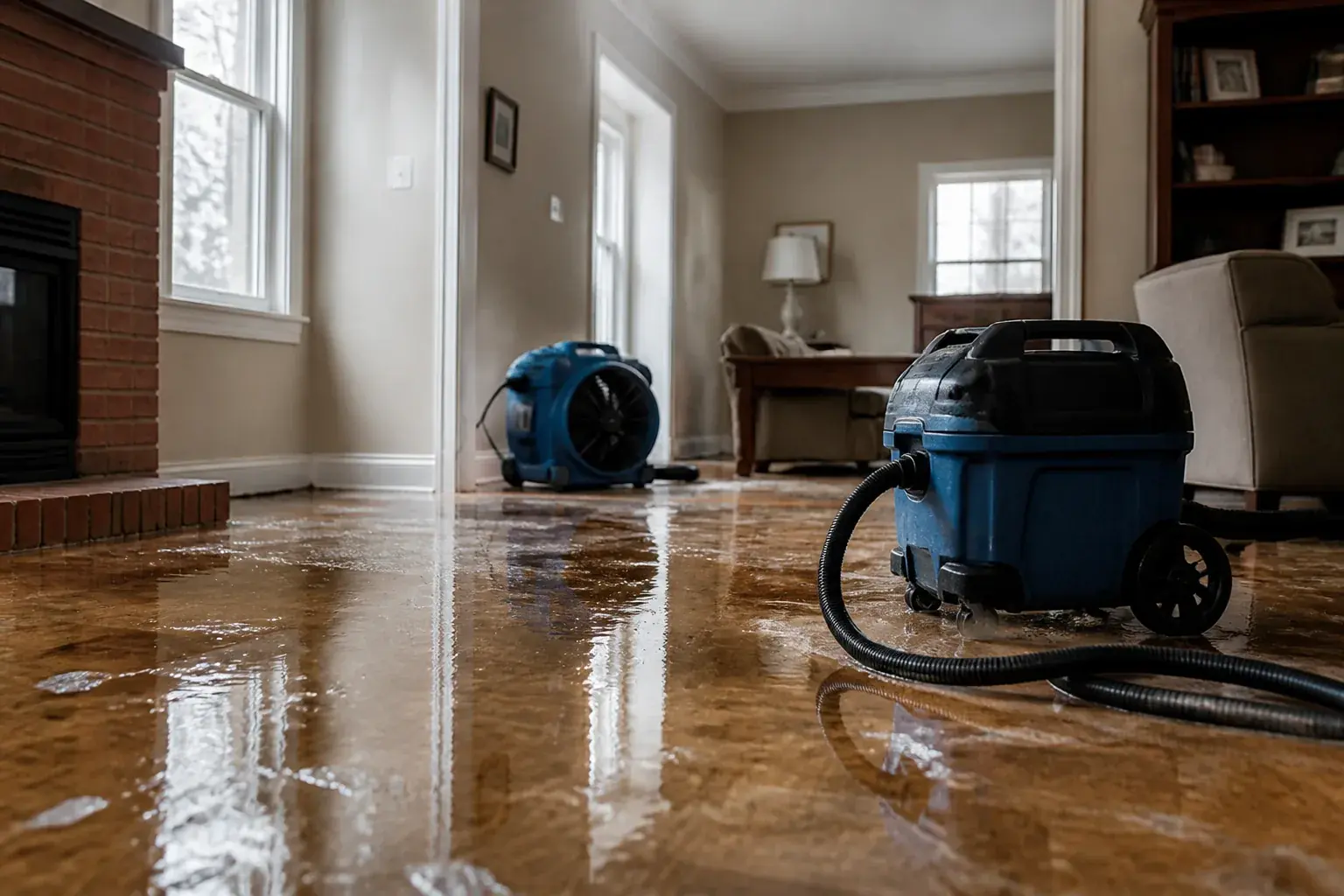 Water extractor and air mover drying a flooded hardwood living room floor