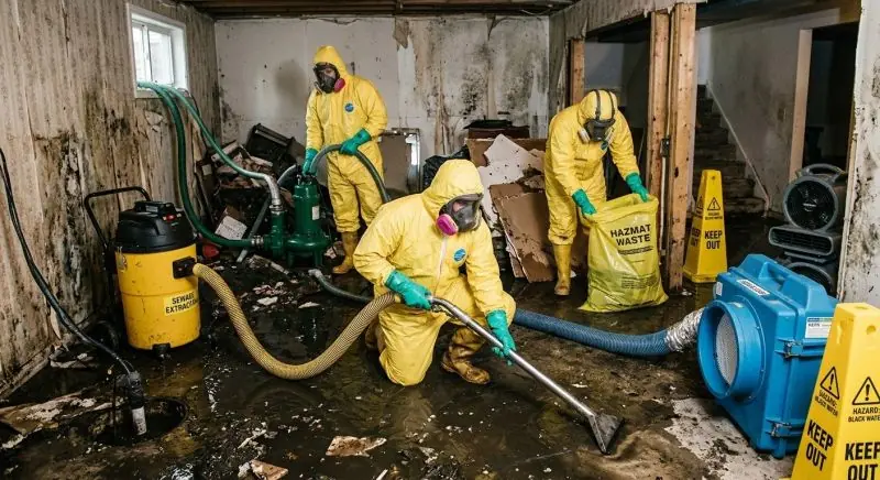 Cleanup crew in yellow hazmat suits and respirators extracting sewage water
